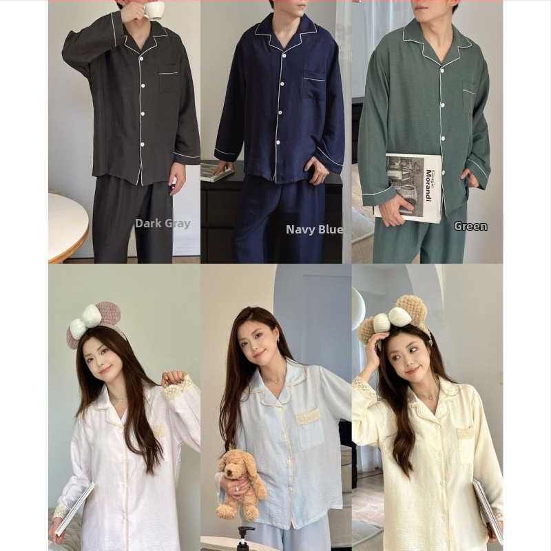 Páros pizsama szett, koreai stílusú tavaszra, hosszú ujjú, gallér, poliészter-pamut anyag, vékony, közepes súly 161–180 g/m2, kardigán stílusú és rajzfilm dizájn