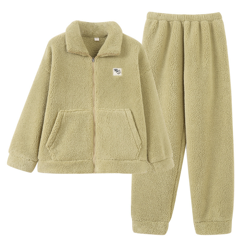 Női antisztatikus báránygyapjú pizsama készlet, extra vastag 301–350 g/m², álló gallér, hosszú ujjú