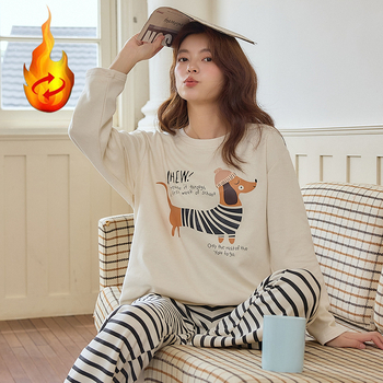 Női pizsama szett cartoon mintával, Derong bársony, vastag rövid plüss anyag (251–300 g/m²), kerek nyak, hosszú ujjú