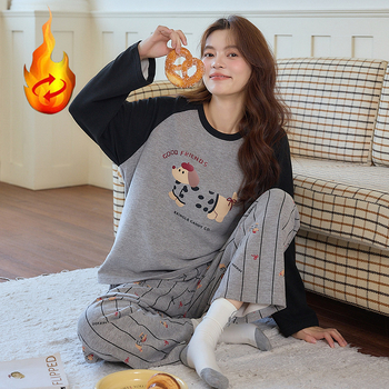 Női pizsama szett cartoon mintával, Derong bársony, vastag rövid plüss anyag (251–300 g/m²), kerek nyak, hosszú ujjú