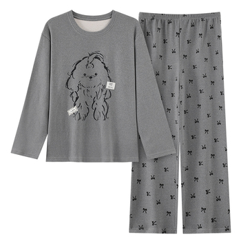 Női pizsama szett cartoon mintával, Derong bársony, vastag rövid plüss anyag (251–300 g/m²), kerek nyak, hosszú ujjú