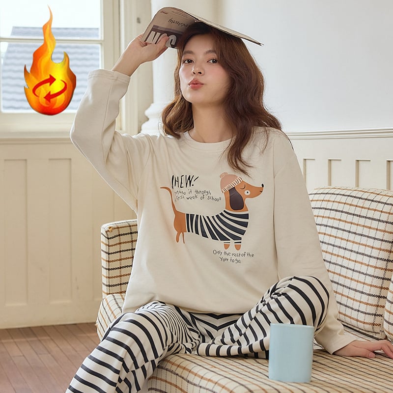 Női pizsama szett cartoon mintával, Derong bársony, vastag rövid plüss anyag (251–300 g/m²), kerek nyak, hosszú ujjú