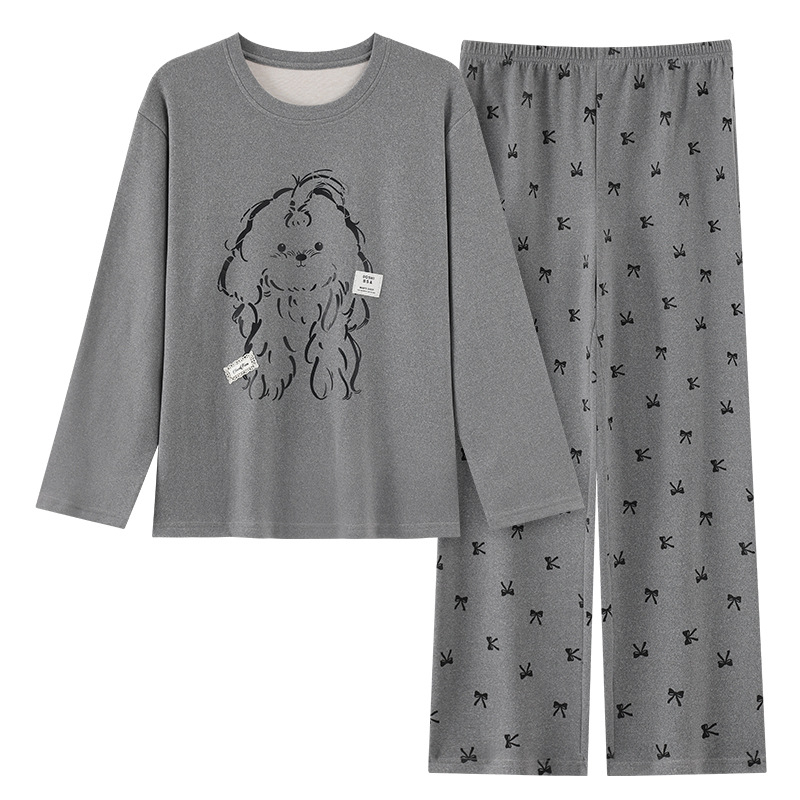 Női pizsama szett cartoon mintával, Derong bársony, vastag rövid plüss anyag (251–300 g/m²), kerek nyak, hosszú ujjú