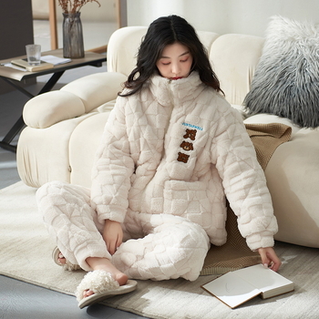 Korall fleece pizsama készlet kardigán-stílusú álló gallérrel, háromrétegű bélelt, extra vastag, 100% poliészter, hosszú ujjú