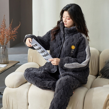 Korall fleece pizsama készlet kardigán-stílusú álló gallérrel, háromrétegű bélelt, extra vastag, 100% poliészter, hosszú ujjú