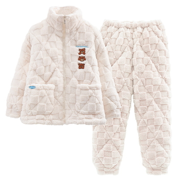 Korall fleece pizsama készlet kardigán-stílusú álló gallérrel, háromrétegű bélelt, extra vastag, 100% poliészter, hosszú ujjú