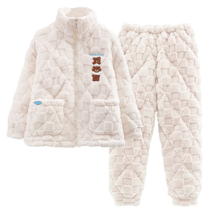 Korall fleece pizsama készlet kardigán-stílusú álló gallérrel, háromrétegű bélelt, extra vastag, 100% poliészter, hosszú ujjú