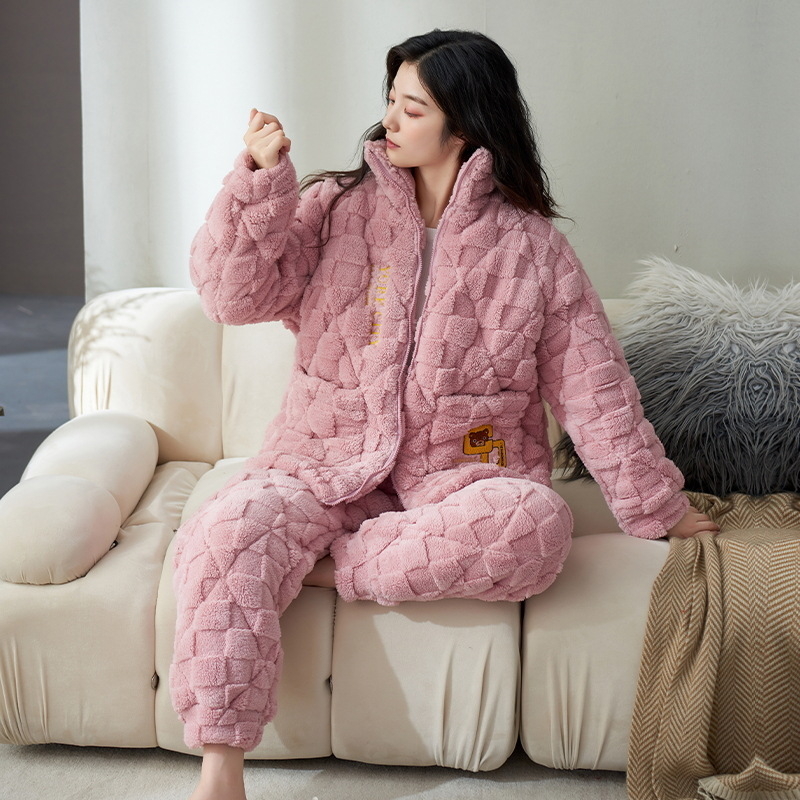 Korall fleece pizsama készlet kardigán-stílusú álló gallérrel, háromrétegű bélelt, extra vastag, 100% poliészter, hosszú ujjú