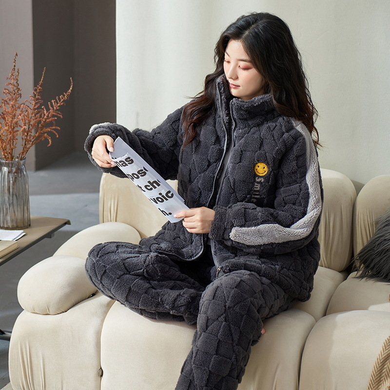 Korall fleece pizsama készlet kardigán-stílusú álló gallérrel, háromrétegű bélelt, extra vastag, 100% poliészter, hosszú ujjú