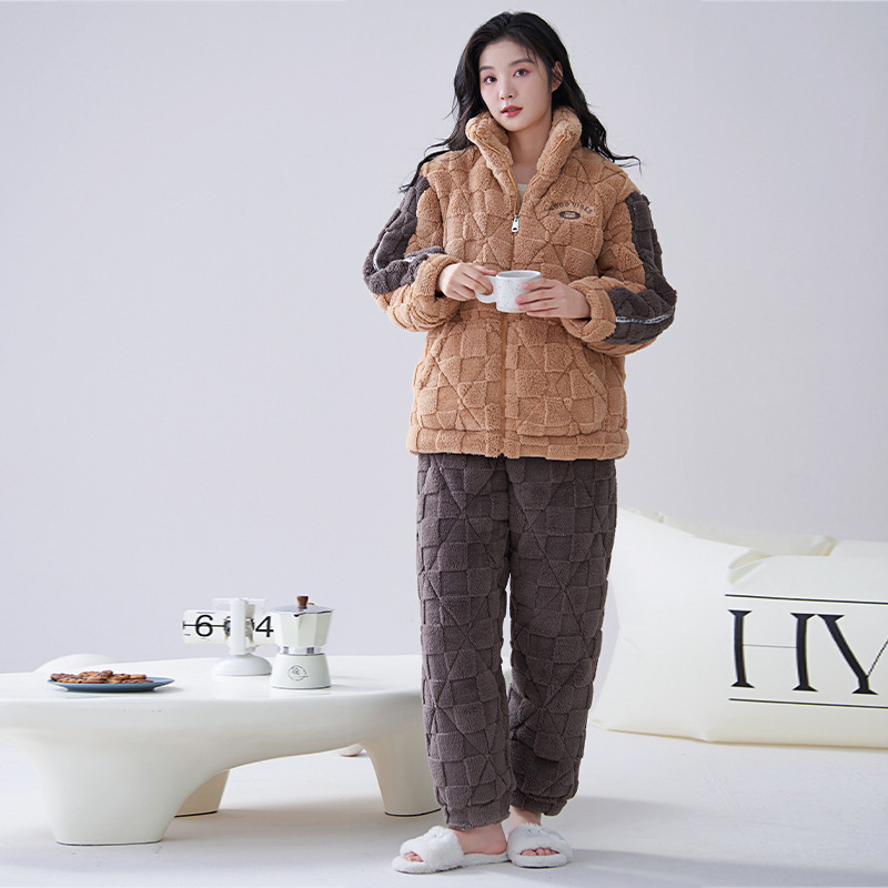 Korall fleece pizsama készlet kardigán-stílusú álló gallérrel, háromrétegű bélelt, extra vastag, 100% poliészter, hosszú ujjú