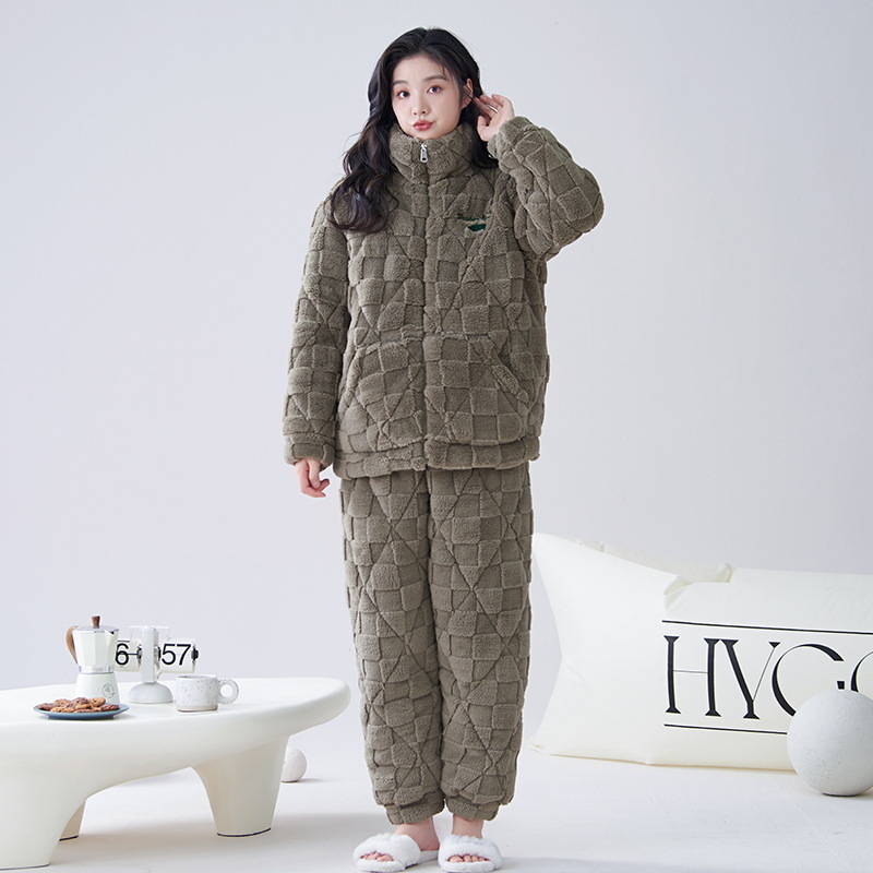 Korall fleece pizsama készlet kardigán-stílusú álló gallérrel, háromrétegű bélelt, extra vastag, 100% poliészter, hosszú ujjú