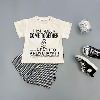 100% pamuk dječji ljetni T-shirt s izvezenim slovima i motivom pingvina - ležerni stil za uzrast 1-3 godine (Ljeto 2025)