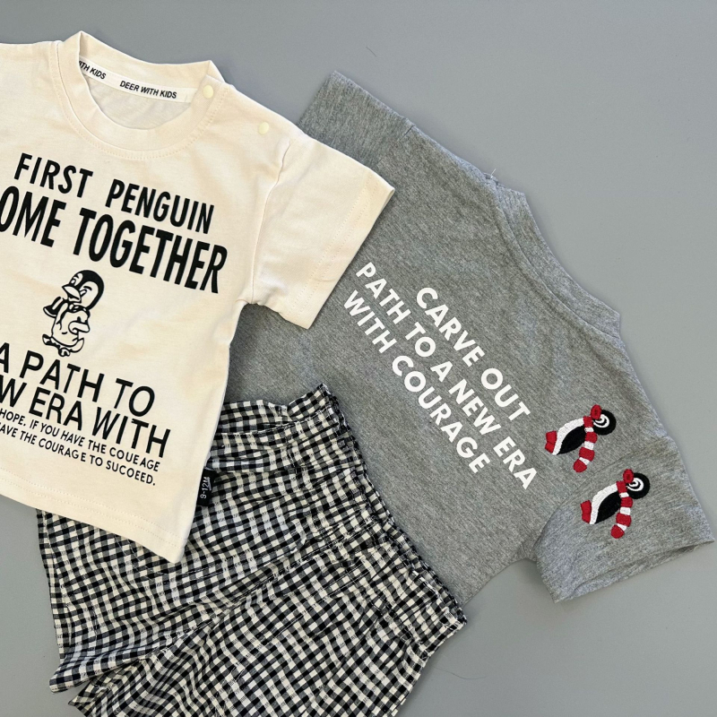 100% pamuk dječji ljetni T-shirt s izvezenim slovima i motivom pingvina - ležerni stil za uzrast 1-3 godine (Ljeto 2025)