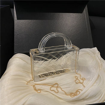 Prozirna PVC torbica za nošenje preko ramena s lancem, vodoravni kvadratni oblik, zaključavanje bravom, unutarnji pretinci za telefon i osobnu iskaznicu