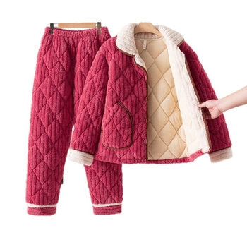 Zimski ženski trostruki punjeni pidžama set, od pamuka, ekstra debeli 501–600 g/m², ovratnik lapel, dugi rukavi