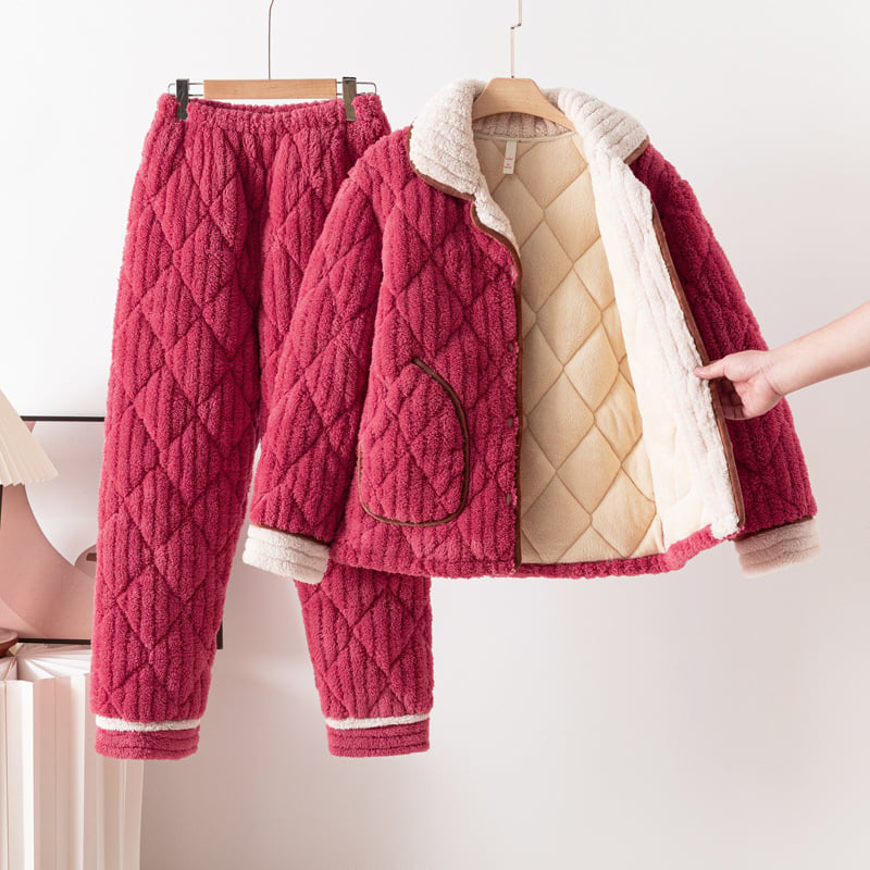 Zimski ženski trostruki punjeni pidžama set, od pamuka, ekstra debeli 501–600 g/m², ovratnik lapel, dugi rukavi