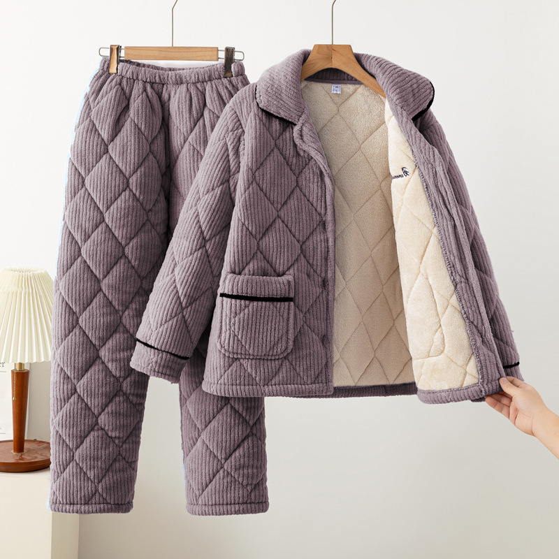 Zimski ženski trostruki punjeni pidžama set, od pamuka, ekstra debeli 501–600 g/m², ovratnik lapel, dugi rukavi