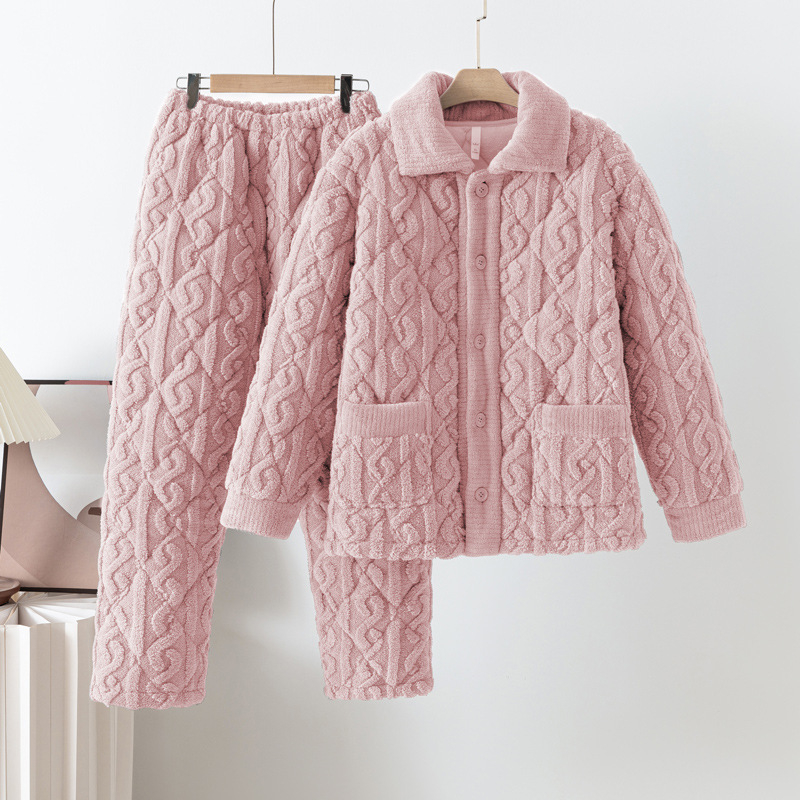 Zimski ženski trostruki punjeni pidžama set, od pamuka, ekstra debeli 501–600 g/m², ovratnik lapel, dugi rukavi
