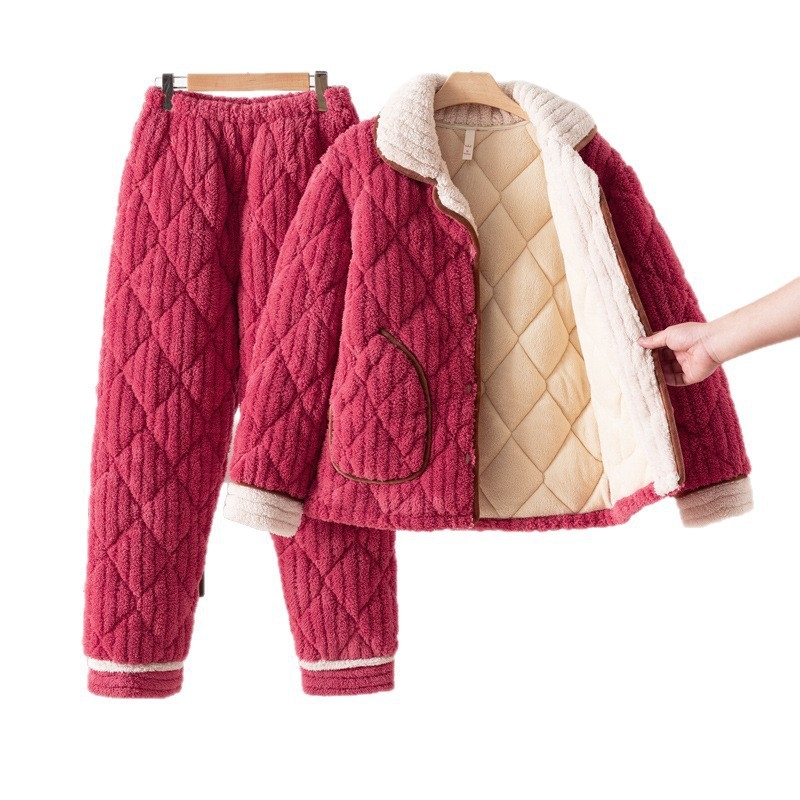 Zimski ženski trostruki punjeni pidžama set, od pamuka, ekstra debeli 501–600 g/m², ovratnik lapel, dugi rukavi