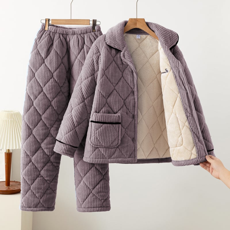 Zimski ženski trostruki punjeni pidžama set, od pamuka, ekstra debeli 501–600 g/m², ovratnik lapel, dugi rukavi