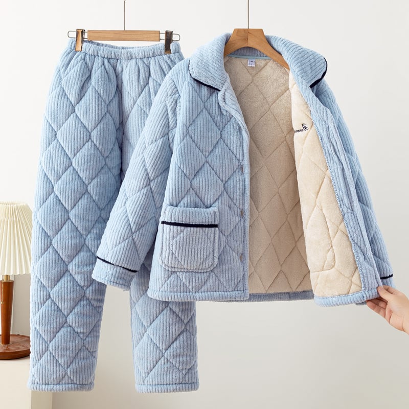 Zimski ženski trostruki punjeni pidžama set, od pamuka, ekstra debeli 501–600 g/m², ovratnik lapel, dugi rukavi