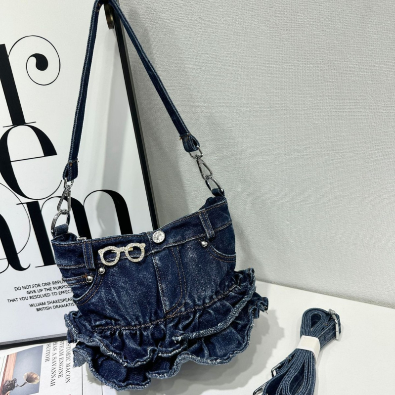 Denim torbica za ramena u obliku mašne, zatvarač, skriveni džep sa zatvaračem i džep za mobitel