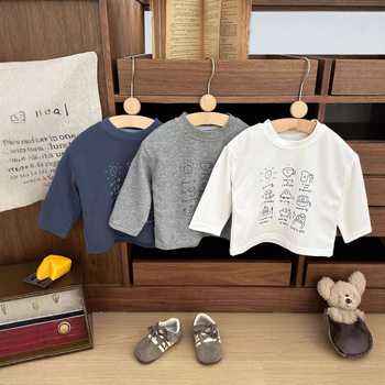 Gyerekeknek szóló pamut hosszú ujjú póló rajzfilmnyomással, puha anyag, uniszex, nedvességelvezetés