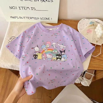 Gyerekeknek szóló nyári rövid ujjú póló, koreai stílus, Cartoon nyomtatás, tej-szövet (90% poliészter), rövid ujjú, kerek nyakú, nedvszívó, 1–8 éveseknek, Nyár