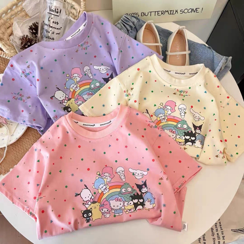Gyerekeknek szóló nyári rövid ujjú póló, koreai stílus, Cartoon nyomtatás, tej-szövet (90% poliészter), rövid ujjú, kerek nyakú, nedvszívó, 1–8 éveseknek, Nyár