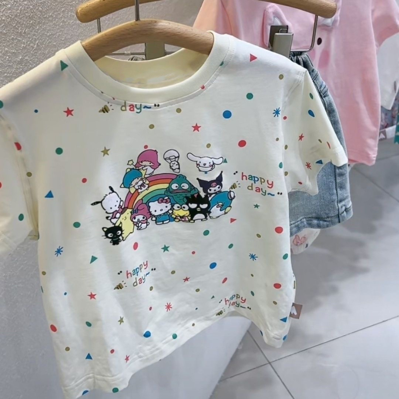 Gyerekeknek szóló nyári rövid ujjú póló, koreai stílus, Cartoon nyomtatás, tej-szövet (90% poliészter), rövid ujjú, kerek nyakú, nedvszívó, 1–8 éveseknek, Nyár
