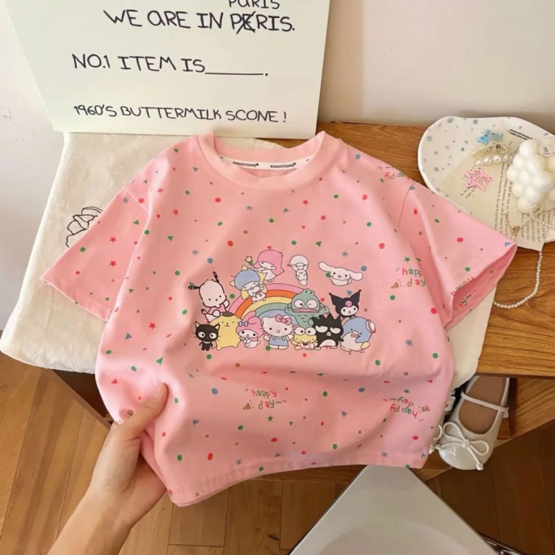 Gyerekeknek szóló nyári rövid ujjú póló, koreai stílus, Cartoon nyomtatás, tej-szövet (90% poliészter), rövid ujjú, kerek nyakú, nedvszívó, 1–8 éveseknek, Nyár