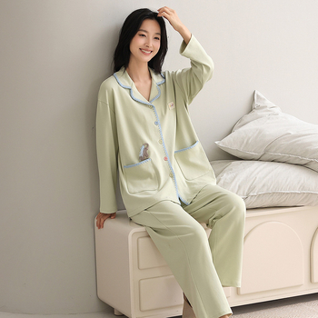 Női pizsama szett kardigán-stílus, elasztikus tiszta pamut, vékony, hosszú ujjú, hosszú nadrág, mindennapi otthoni viselet