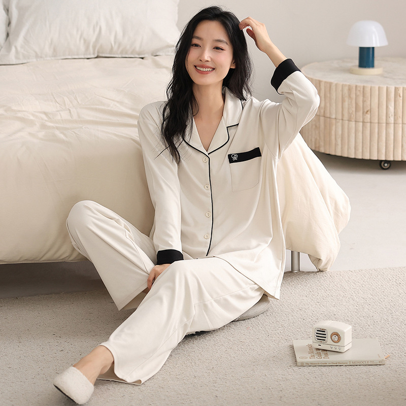 Női pizsama szett kardigán-stílus, elasztikus tiszta pamut, vékony, hosszú ujjú, hosszú nadrág, mindennapi otthoni viselet