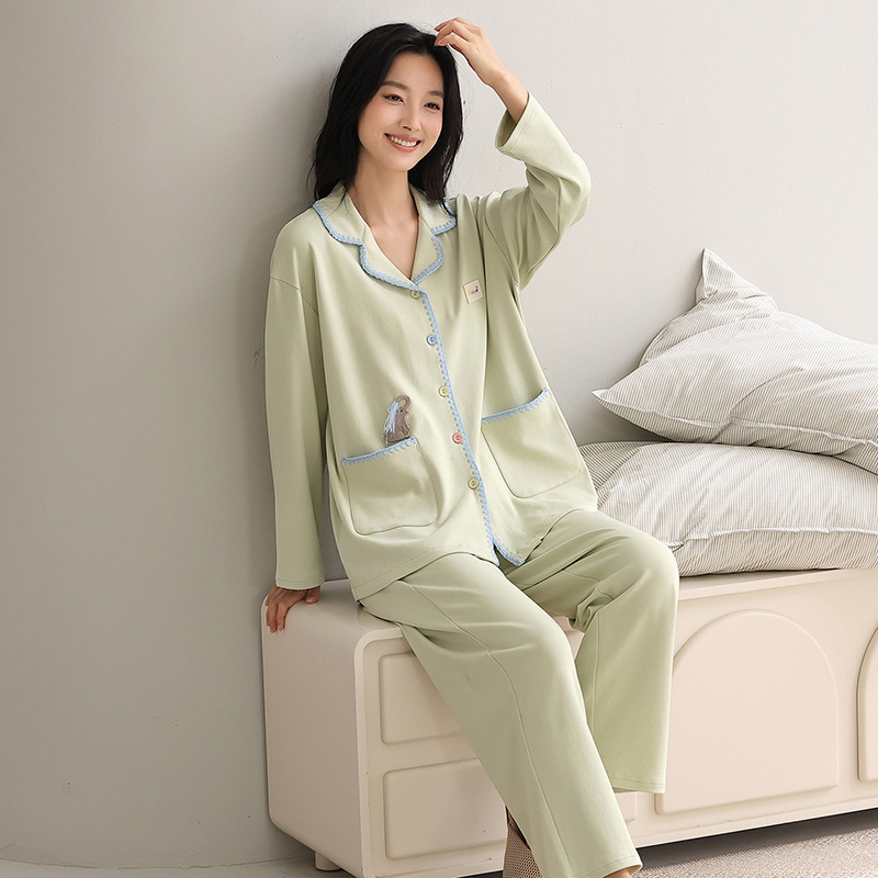 Női pizsama szett kardigán-stílus, elasztikus tiszta pamut, vékony, hosszú ujjú, hosszú nadrág, mindennapi otthoni viselet