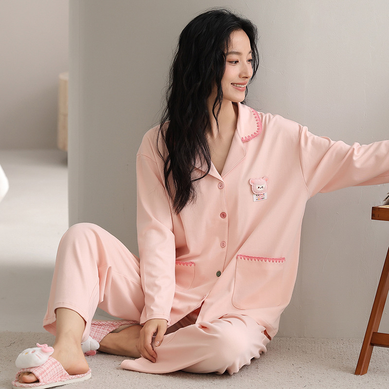 Női pizsama szett kardigán-stílus, elasztikus tiszta pamut, vékony, hosszú ujjú, hosszú nadrág, mindennapi otthoni viselet