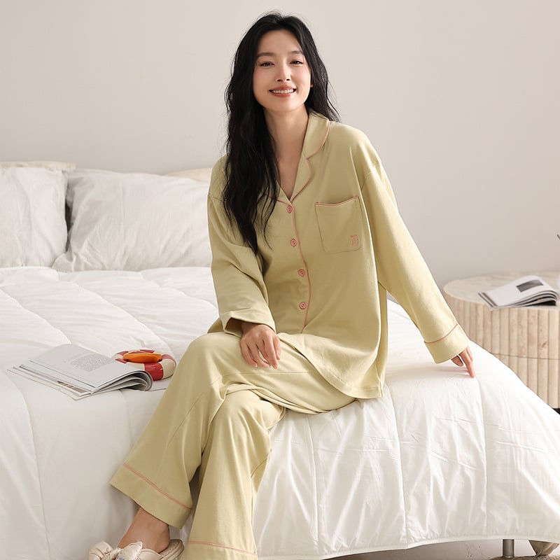 Női pizsama szett kardigán-stílus, elasztikus tiszta pamut, vékony, hosszú ujjú, hosszú nadrág, mindennapi otthoni viselet