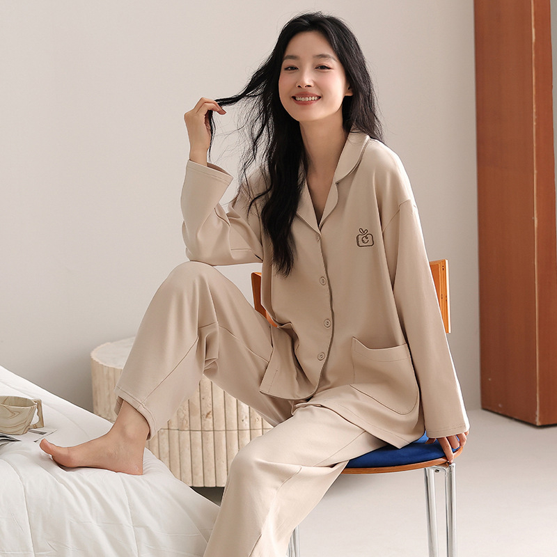 Női pizsama szett kardigán-stílus, elasztikus tiszta pamut, vékony, hosszú ujjú, hosszú nadrág, mindennapi otthoni viselet