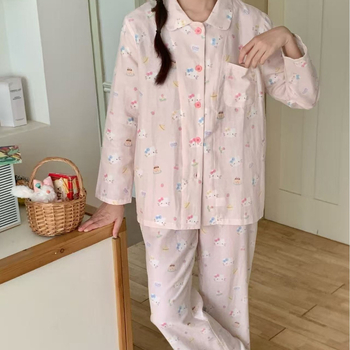 100% pamutból készült kettős réteg géz pizsama szett, egyszerű, hétköznapi stílus, hosszú ujjú felső és hosszú nadrág, négyszögletes gallér, mind a négy évszakra