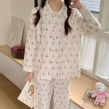 100% pamutból készült kettős réteg géz pizsama szett, egyszerű, hétköznapi stílus, hosszú ujjú felső és hosszú nadrág, négyszögletes gallér, mind a négy évszakra