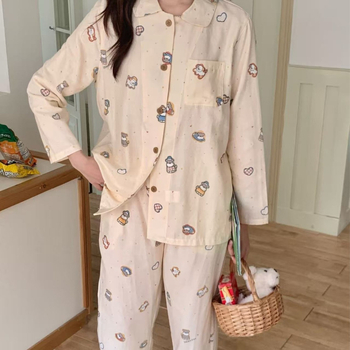 100% pamutból készült kettős réteg géz pizsama szett, egyszerű, hétköznapi stílus, hosszú ujjú felső és hosszú nadrág, négyszögletes gallér, mind a négy évszakra