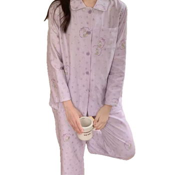 100% pamutból készült kettős réteg géz pizsama szett, egyszerű, hétköznapi stílus, hosszú ujjú felső és hosszú nadrág, négyszögletes gallér, mind a négy évszakra