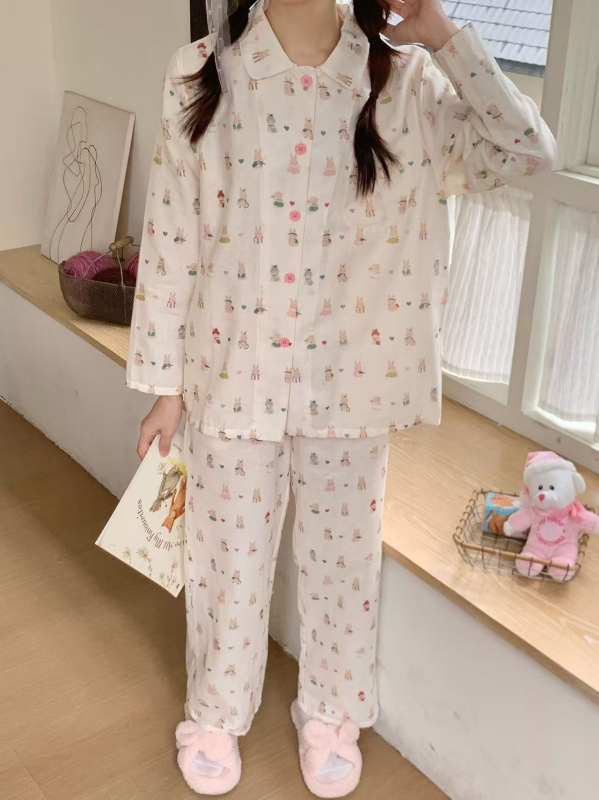 100% pamutból készült kettős réteg géz pizsama szett, egyszerű, hétköznapi stílus, hosszú ujjú felső és hosszú nadrág, négyszögletes gallér, mind a négy évszakra