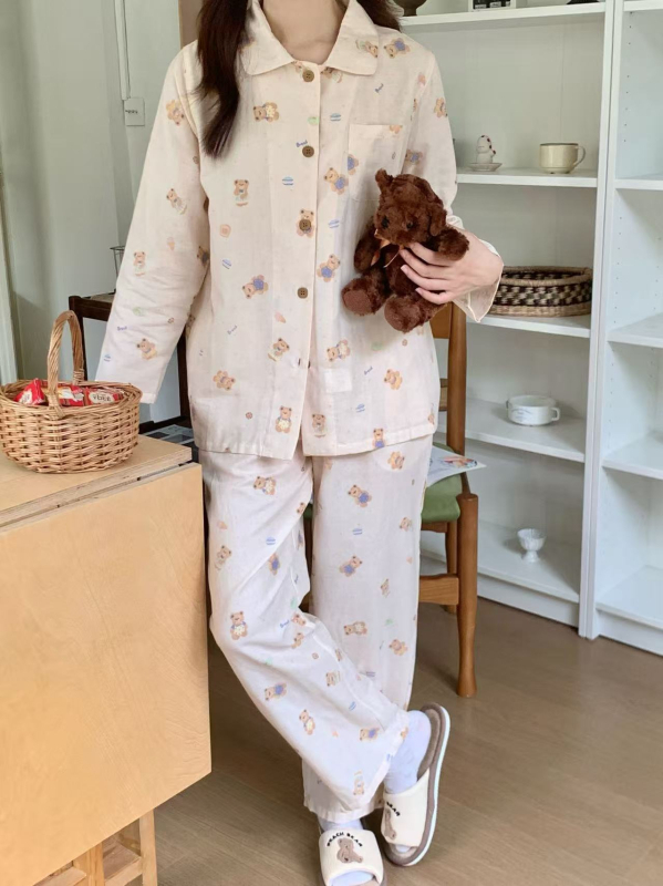 100% pamutból készült kettős réteg géz pizsama szett, egyszerű, hétköznapi stílus, hosszú ujjú felső és hosszú nadrág, négyszögletes gallér, mind a négy évszakra
