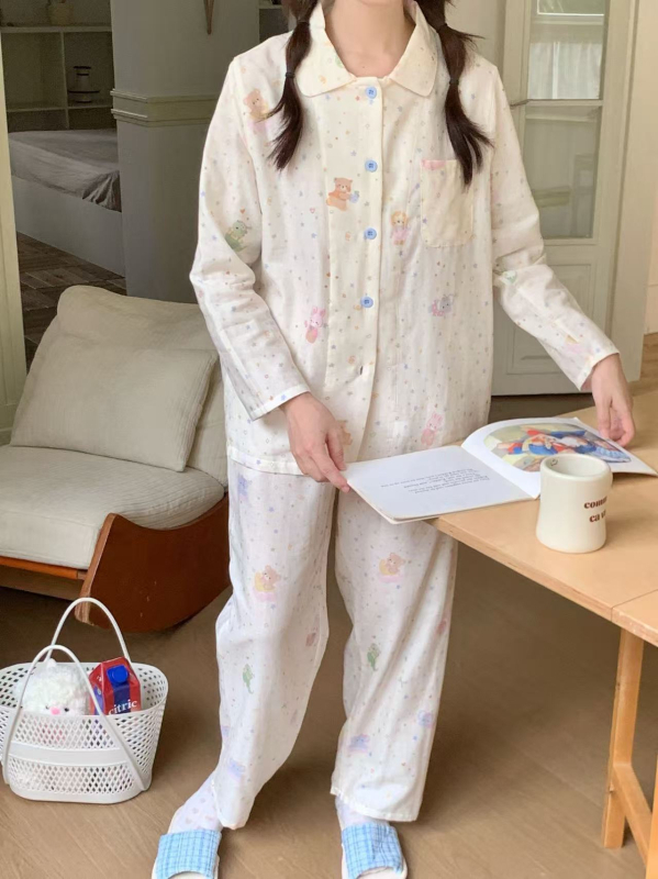 100% pamutból készült kettős réteg géz pizsama szett, egyszerű, hétköznapi stílus, hosszú ujjú felső és hosszú nadrág, négyszögletes gallér, mind a négy évszakra