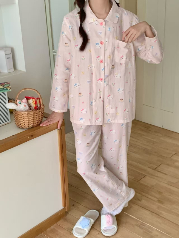 100% pamutból készült kettős réteg géz pizsama szett, egyszerű, hétköznapi stílus, hosszú ujjú felső és hosszú nadrág, négyszögletes gallér, mind a négy évszakra