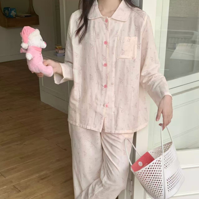 100% pamutból készült kettős réteg géz pizsama szett, egyszerű, hétköznapi stílus, hosszú ujjú felső és hosszú nadrág, négyszögletes gallér, mind a négy évszakra