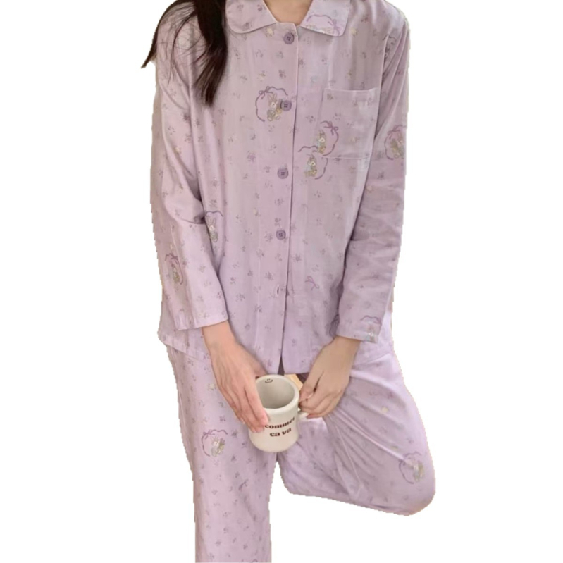 100% pamutból készült kettős réteg géz pizsama szett, egyszerű, hétköznapi stílus, hosszú ujjú felső és hosszú nadrág, négyszögletes gallér, mind a négy évszakra