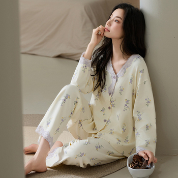 Ženski pidžama set u stilu jelena, 100% pamuk, dugi rukavi, V-izrez, srednje debljine, jesen 2025