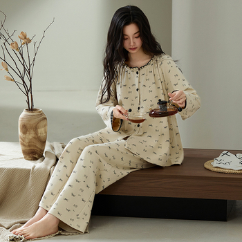 Ženski pidžama set u stilu jelena, 100% pamuk, dugi rukavi, V-izrez, srednje debljine, jesen 2025