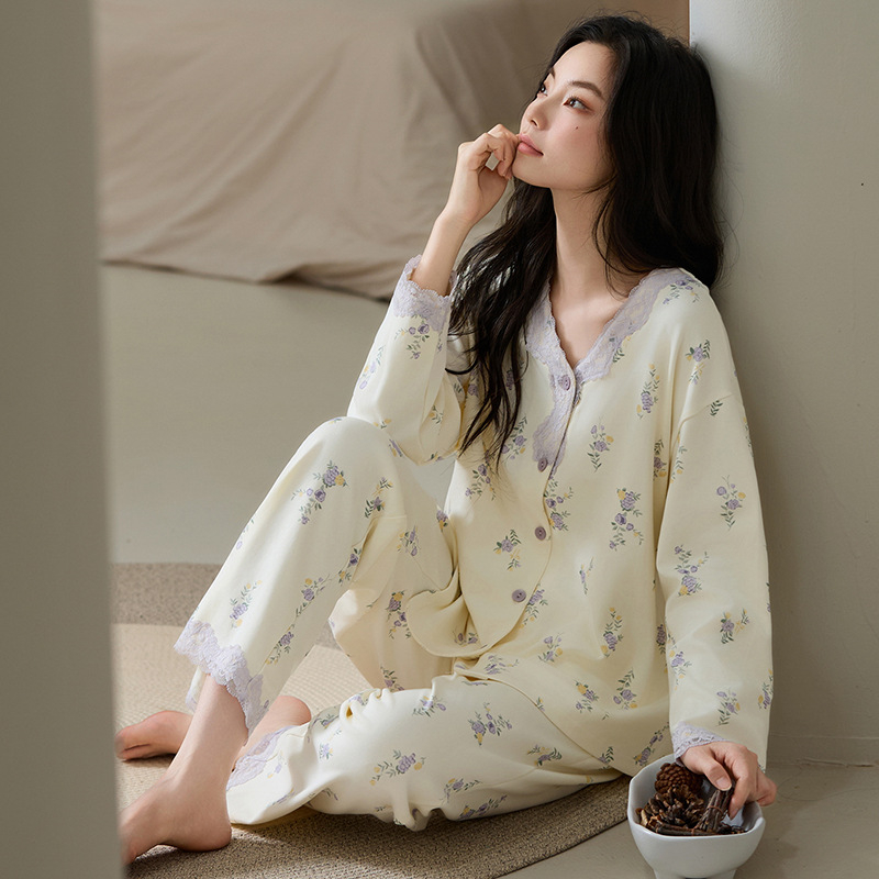 Ženski pidžama set u stilu jelena, 100% pamuk, dugi rukavi, V-izrez, srednje debljine, jesen 2025